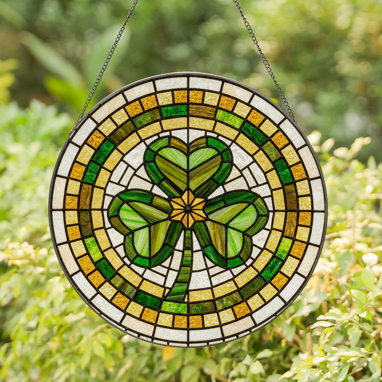 Tiffany Stained Glass Shamrock Clover Mosaic Art - Emerald Green & Gold Decor Stained Glass Suncatcher - 1