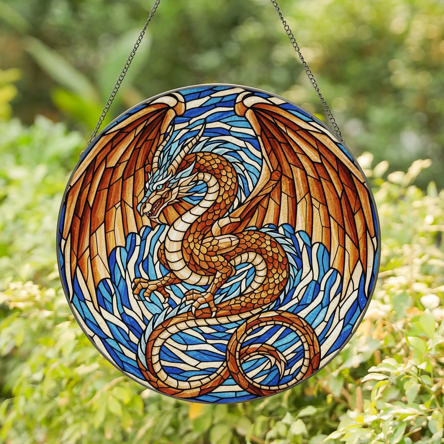 Majestic Dragon Stained Glass Art - Tiffany Style Detailed Coiled Dragon Stained Glass Suncatcher - 1