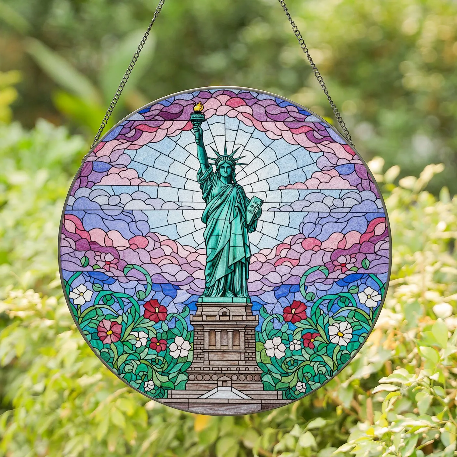 Statue of Liberty Stained Glass, Lush Flowers, Swirling Cloud Sky, Tiffany Jewel Tones Stained Glass Suncatcher - 1