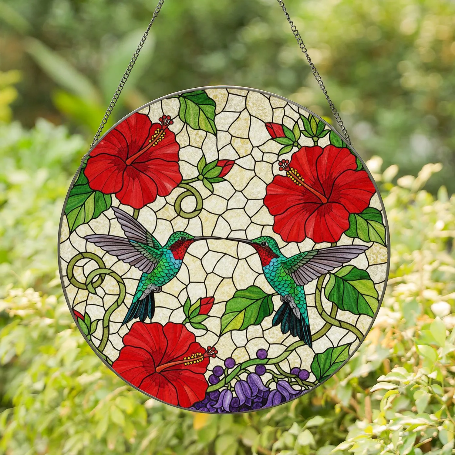 Ruby-throated Hummingbirds Red Hibiscus Stained Glass Panel - Tiffany Mosaic Jewel Tones Stained Glass Suncatcher - 1
