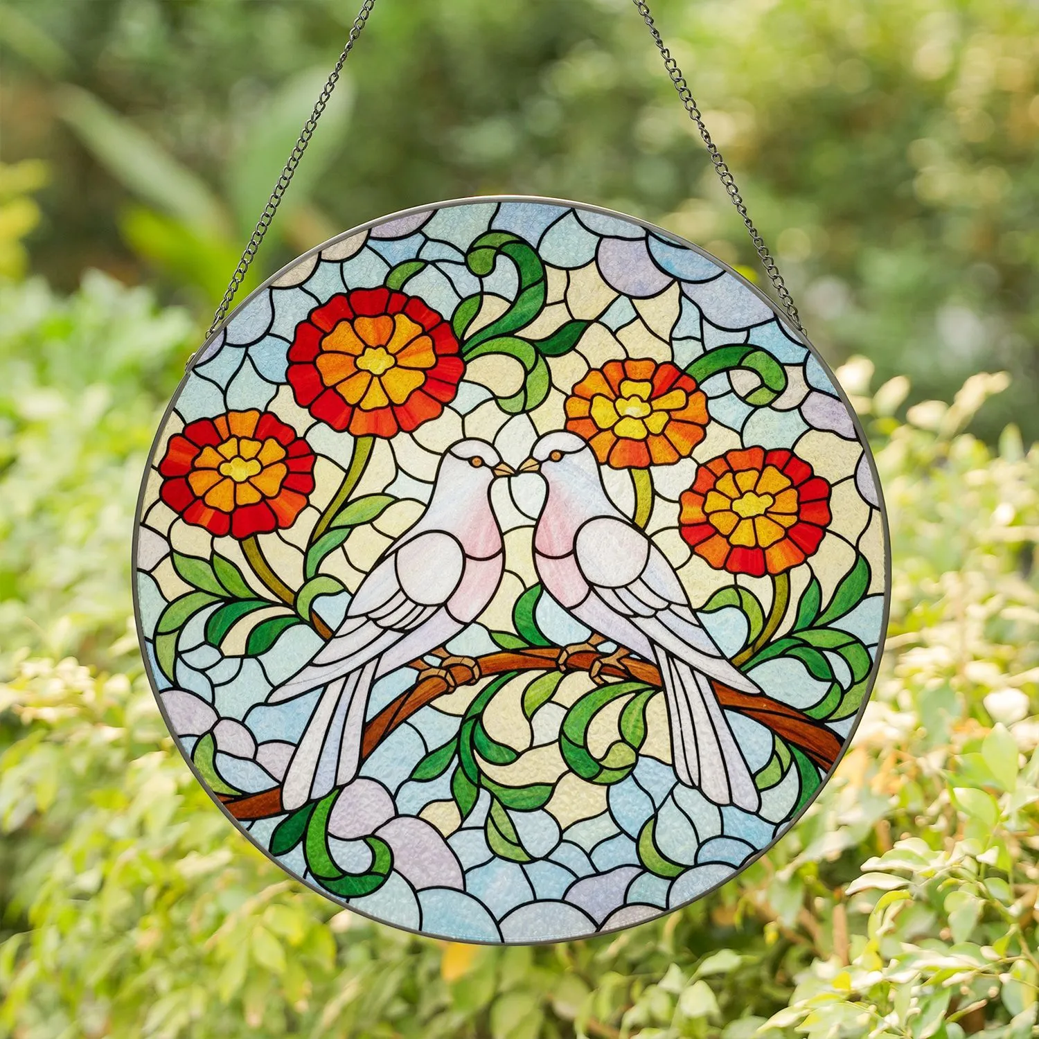 Two White Doves Marigold Flowers Curving Branch Tiffany Style Stained Glass Window Decor Stained Glass Suncatcher - 1