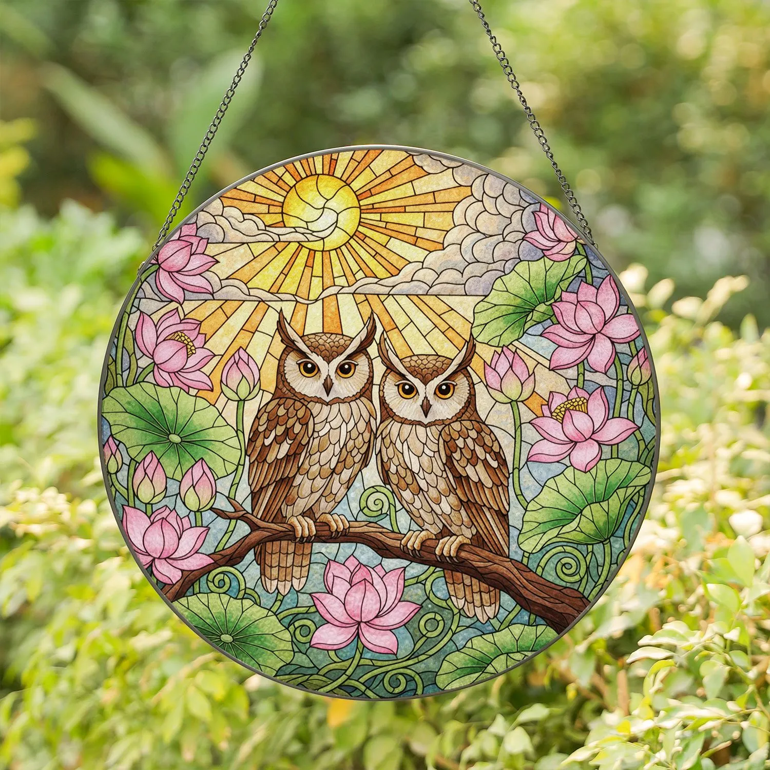 Long-Eared Owls Pink Lotus Flowers Mosaic Sky - Tiffany Style Nature Lover Decor Gift Stained Glass Suncatcher - 1
