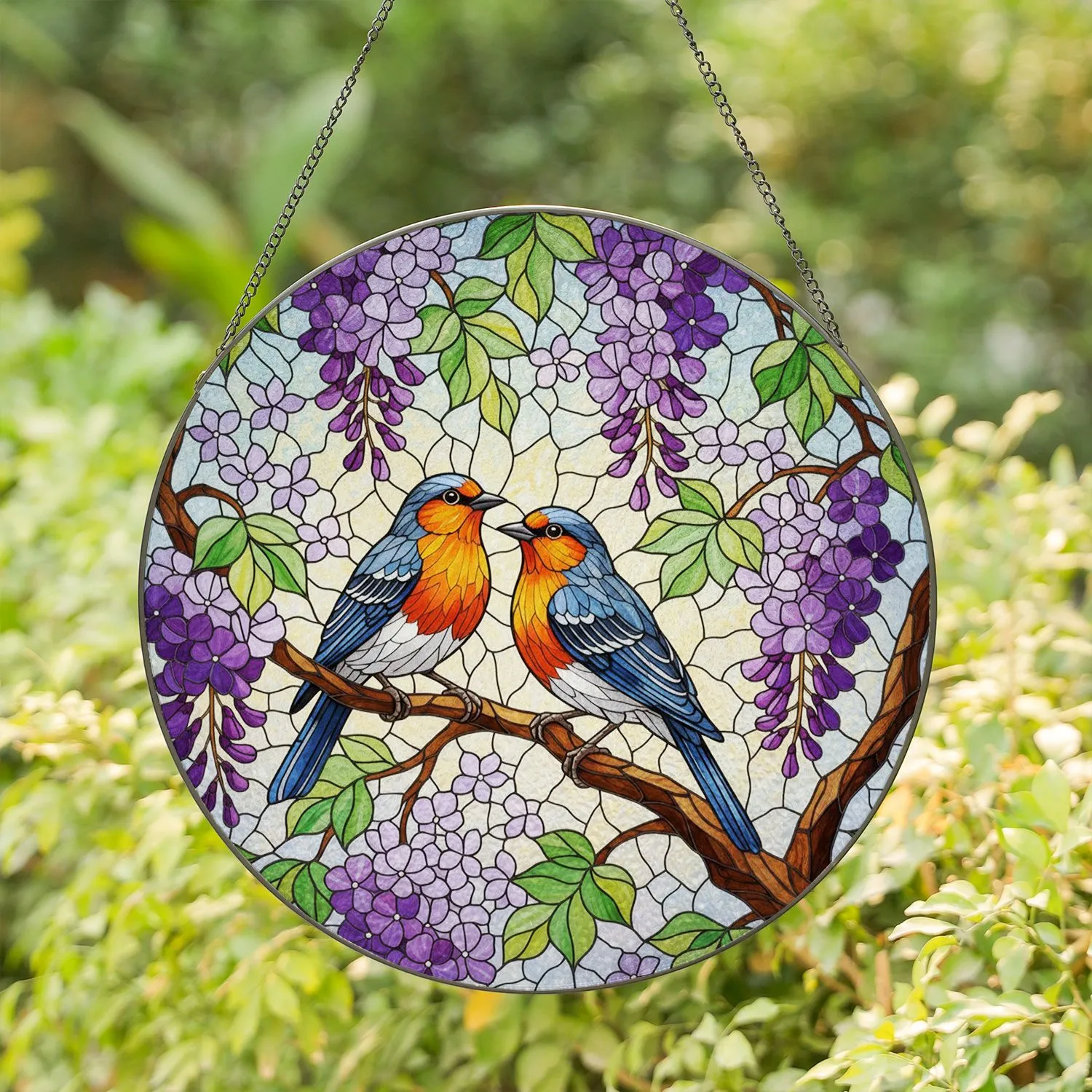 Detailed Stained Glass Songbirds on Branch with Purple Wisteria - Tiffany Nature Home Decor Stained Glass Suncatcher - 1