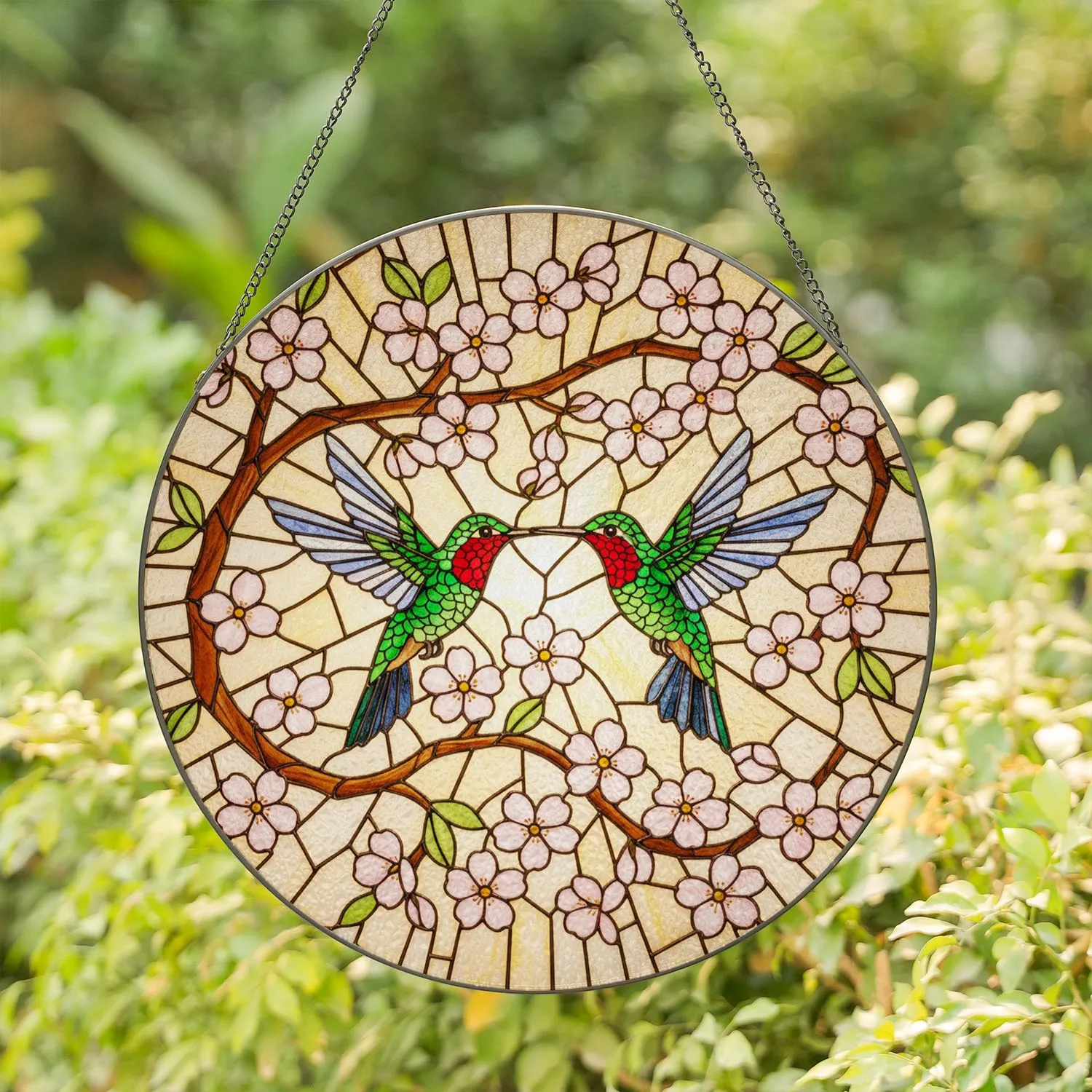 Ruby-throated Hummingbird Cherry Blossom Stained Glass Tiffany Art - Nature Gift Stained Glass Suncatcher - 1