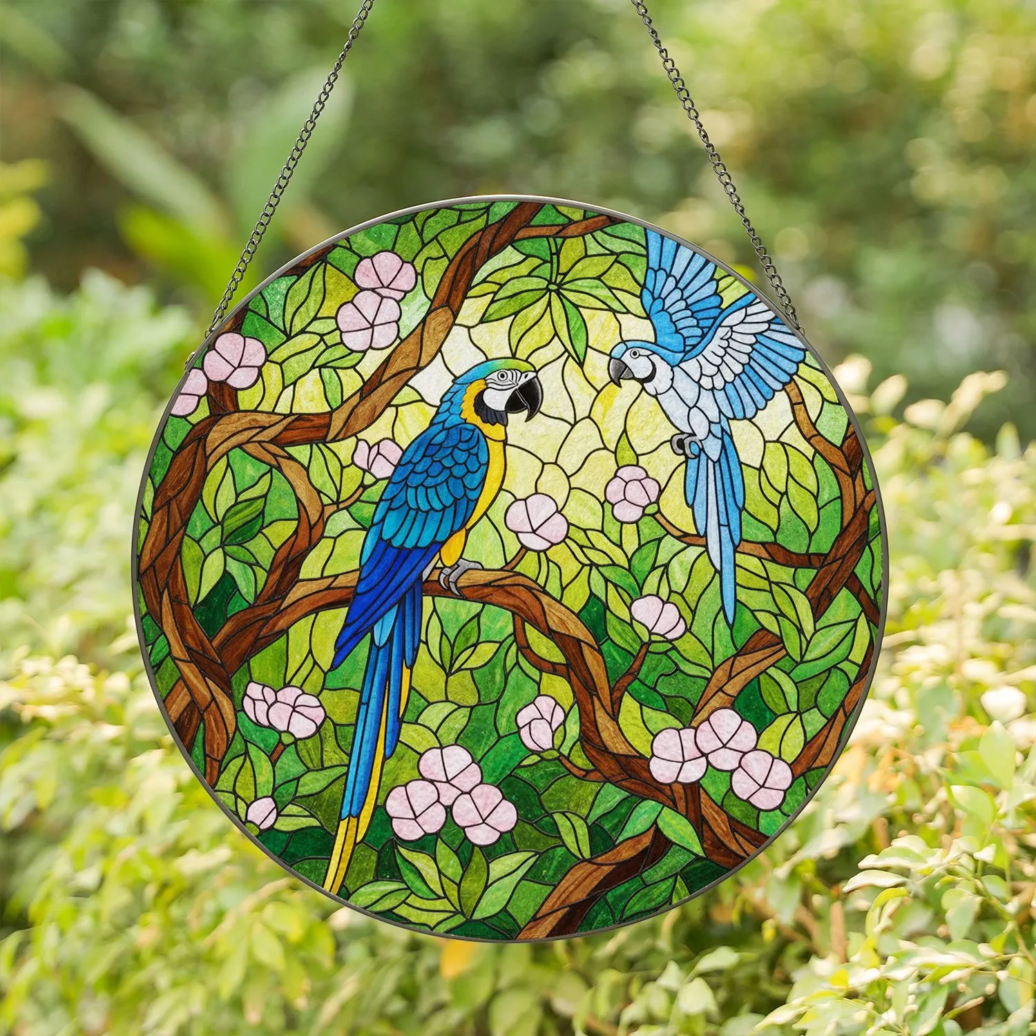 Vibrant Blue Gold Macaw Parrot Tropical Flowers - Tiffany Style Stained Glass Jungle Art Stained Glass Suncatcher - 1