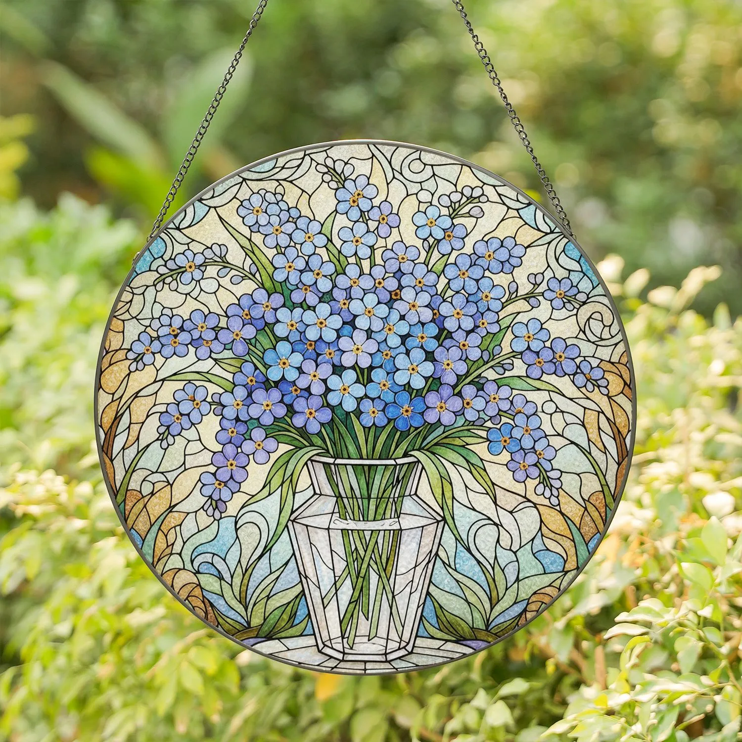 Stained Glass Flower Bouquet Vase Tiffany Style - Glowing Jewel Tone Botanical Garden Art Stained Glass Suncatcher - 1