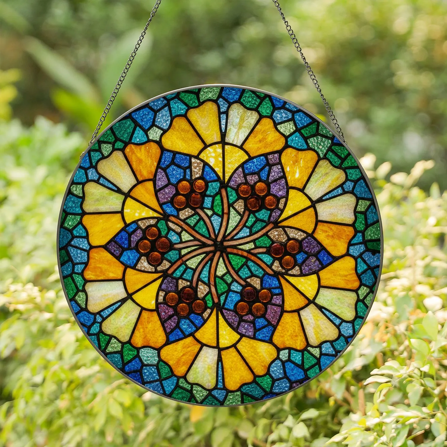Stylized Ginkgo Leaves Stained Glass Mosaic Pattern in Jewel Tones - Tiffany Style Art Stained Glass Suncatcher - 1