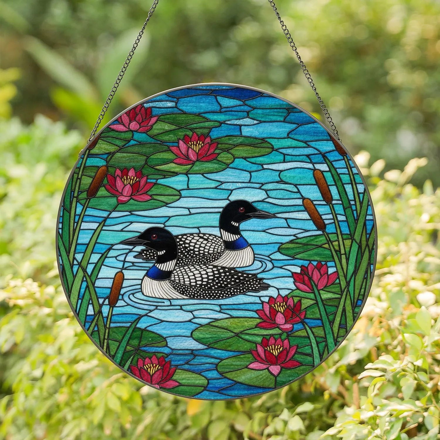 Loons Water Lilies Cattails Stained Glass Art - Tiffany Jewel Tones Aquatic Nature Design Stained Glass Suncatcher - 1