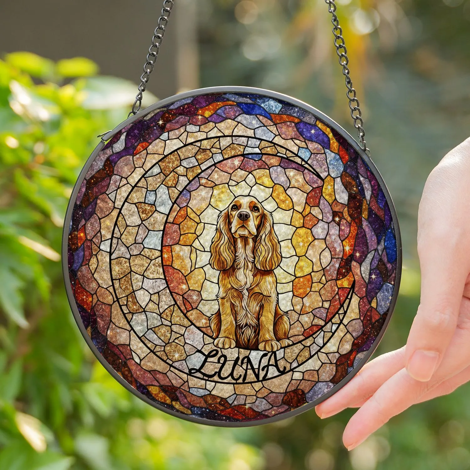 Golden Cocker Spaniel Dog in Crescent Moon Stained Glass - Luna Name Cosmic Star Dust Art Stained Glass Suncatcher - 1