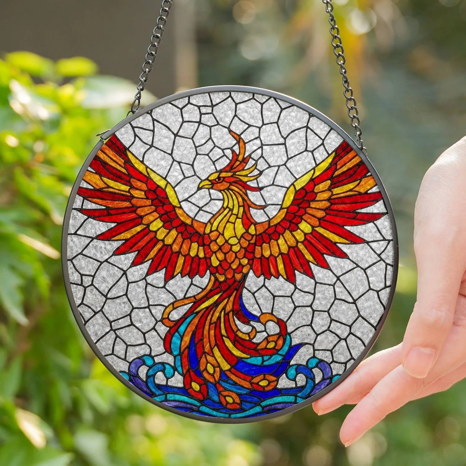 Majestic Phoenix Stained Glass Jewel Tones Swirling Waves - Rebirth & Renewal Art Stained Glass Suncatcher - 1
