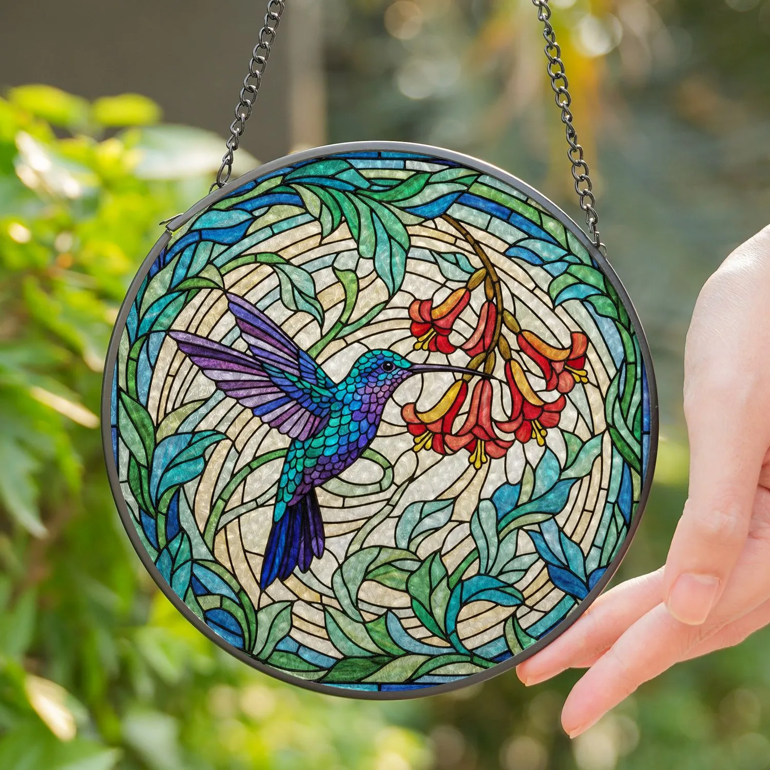 Stained Glass Hummingbird Nectar Flowers - Tiffany Style Mosaic Floral Home Decor Stained Glass Suncatcher - 1
