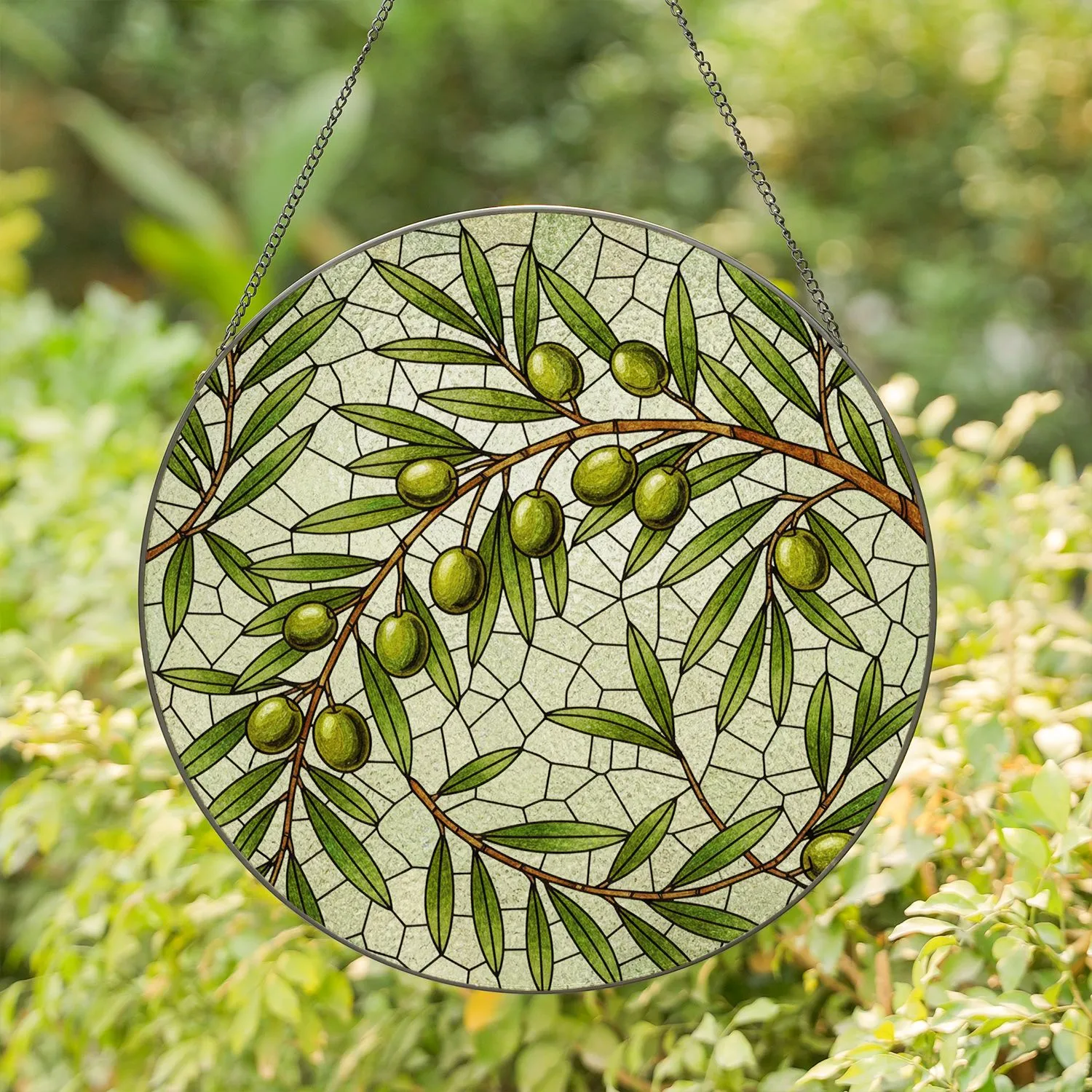 Prominent Olive Branch Stained Glass Mosaic - Tiffany Style Green Olives Leaves Window Decor Stained Glass Suncatcher - 1