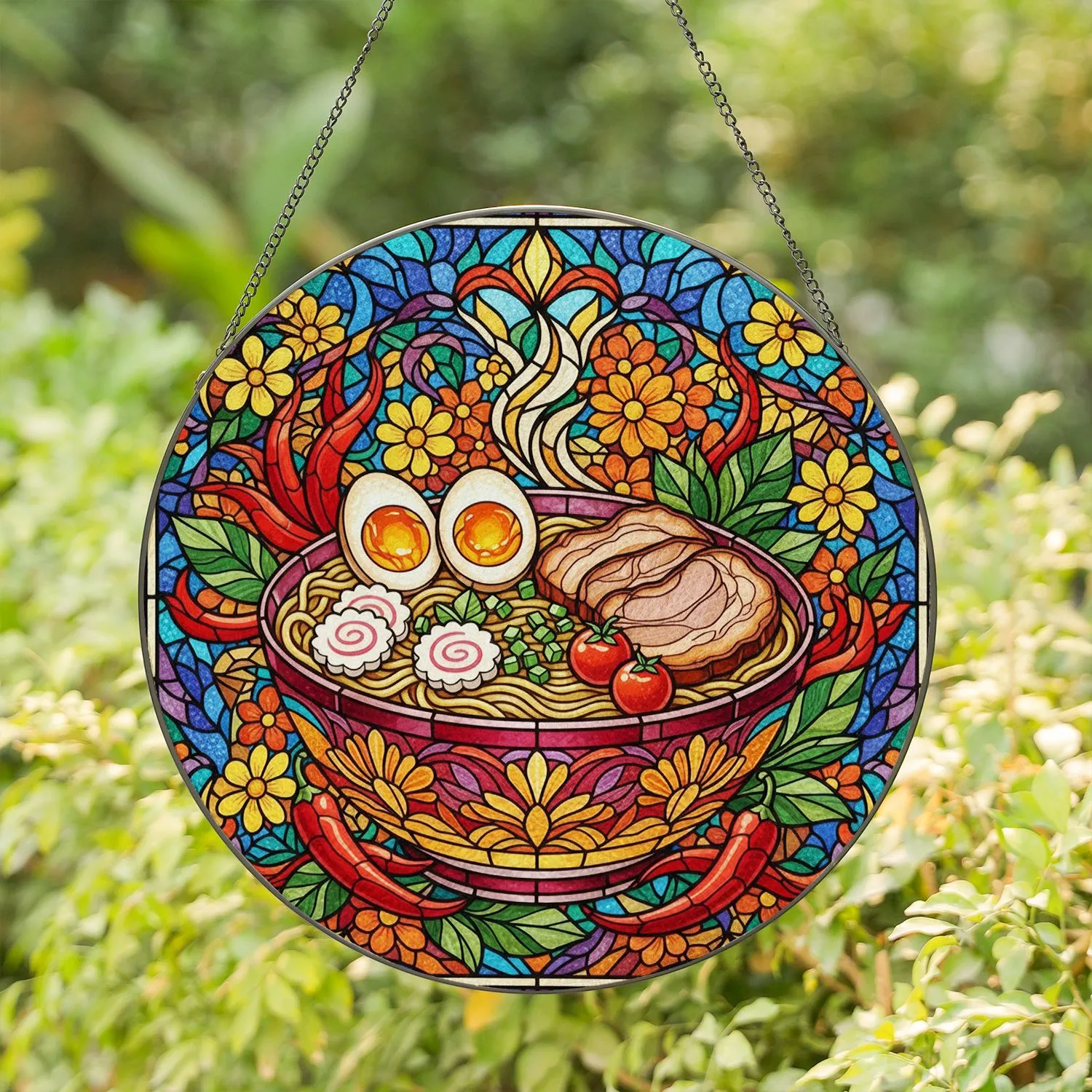 Vibrant Ramen Noodles Chashu Egg Stained Glass - Tiffany Style Chili Floral Mosaic Design Stained Glass Suncatcher - 1