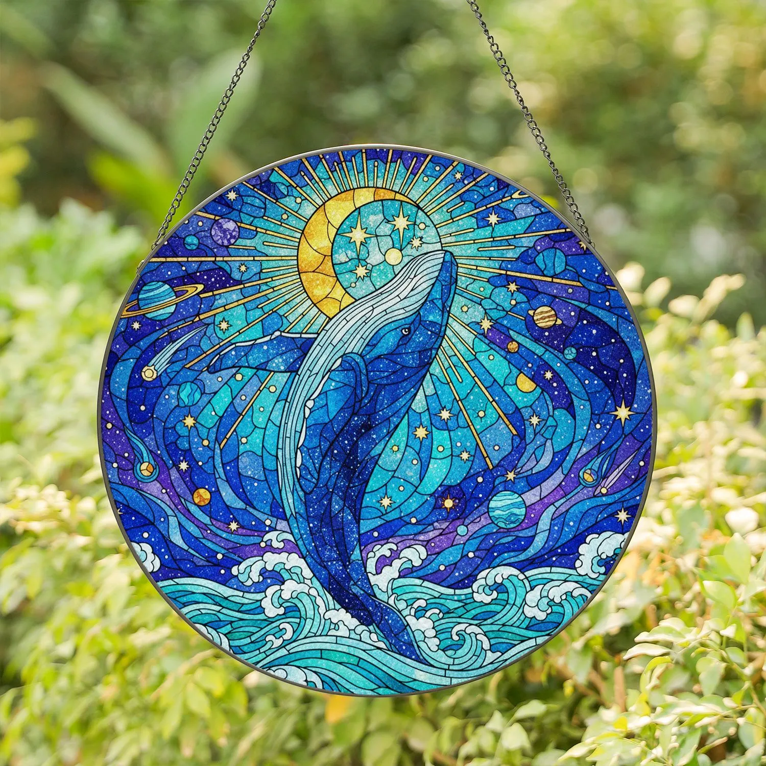 Blue Whale Breaching Starry Ocean Waves - Cosmic Moon Celestial Night Sky Tiffany Art Stained Glass Suncatcher - 1