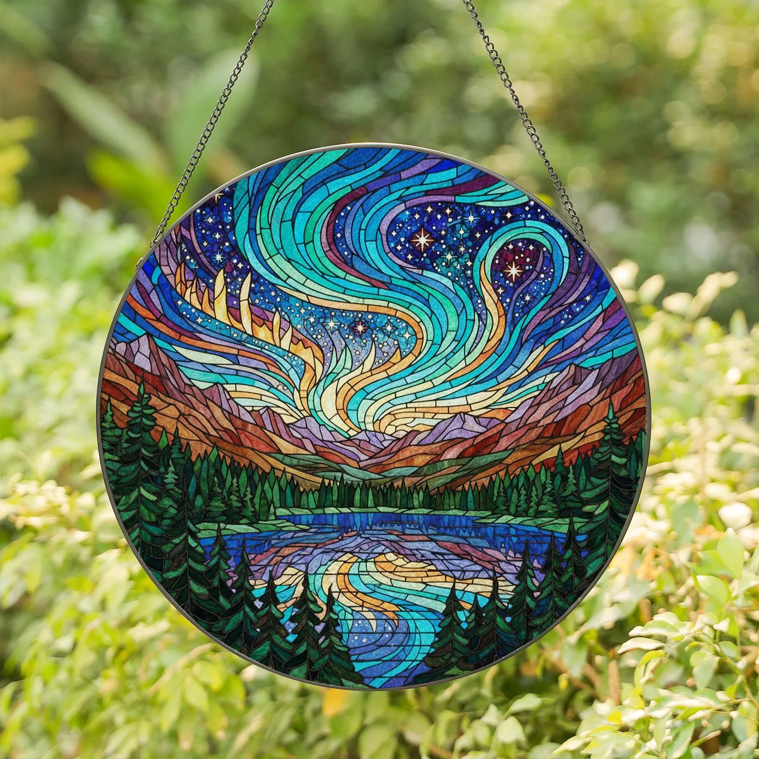 Mountain Lake Aurora Borealis Celestial Night Sky Pine Forest Peaks Glowing Art Stained Glass Suncatcher - 1