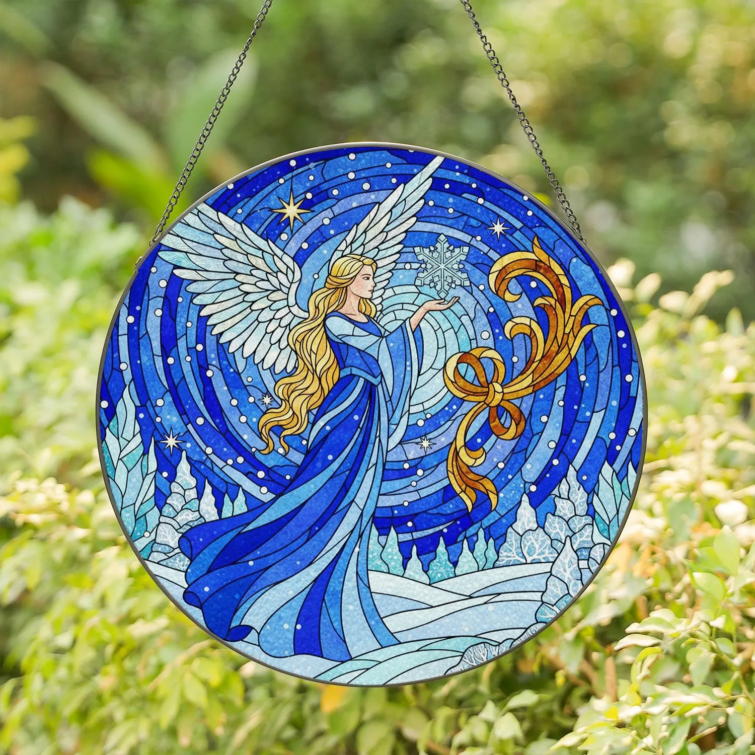 Elegant Blonde Angel Snowflake Tiffany Glass Winter Mosaic - Christmas Holiday Decor Gift Stained Glass Suncatcher - 1