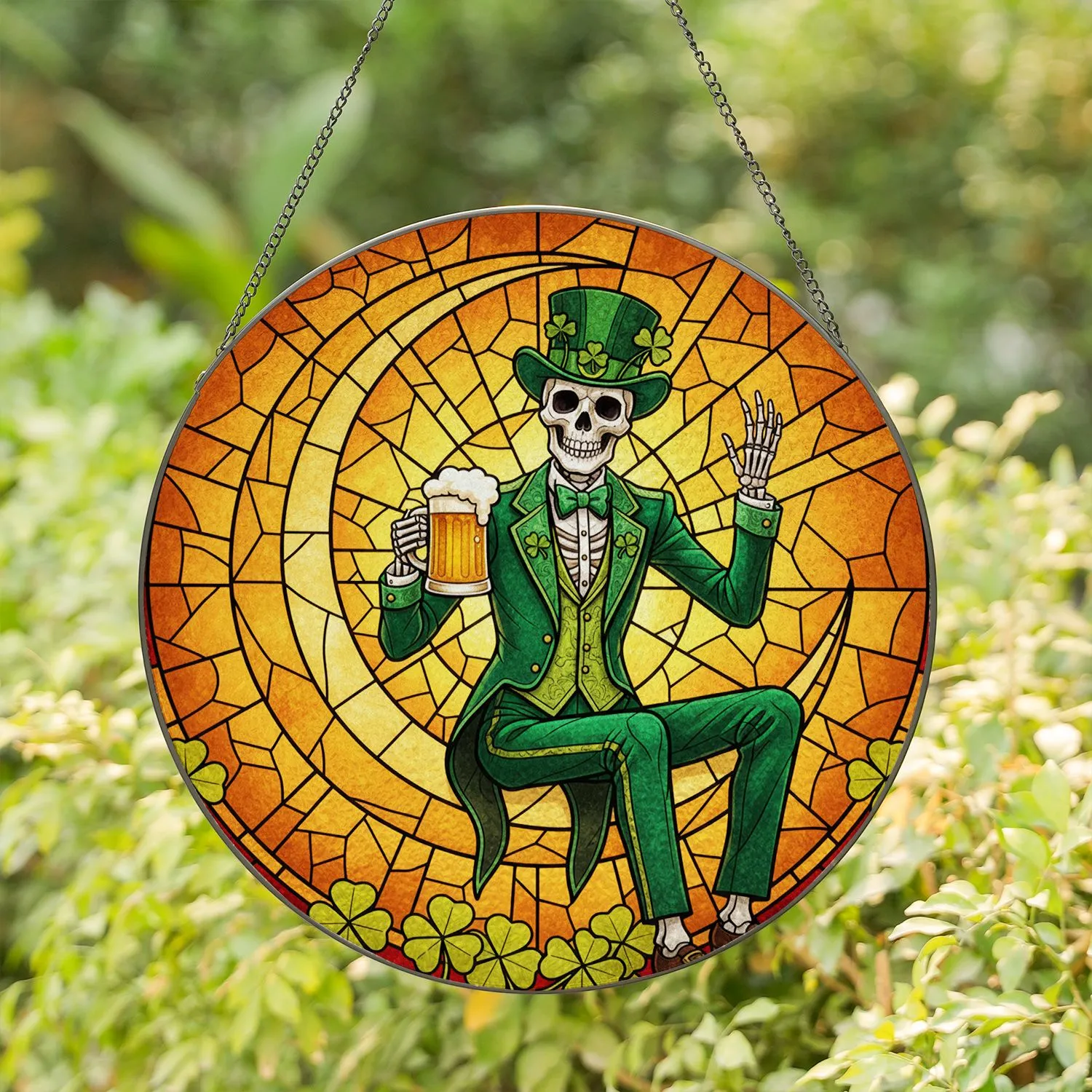 Festive Skeleton Leprechaun Green Tuxedo Clover - St. Patrick's Day Stained Glass Art Stained Glass Suncatcher - 1