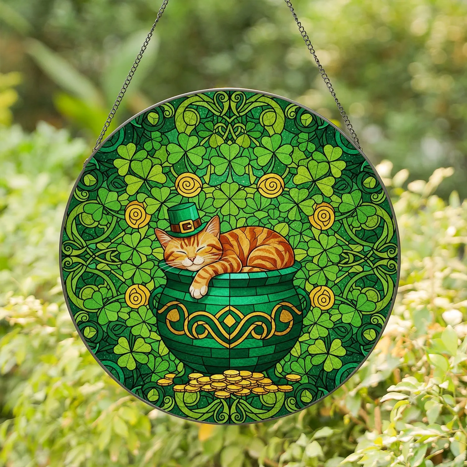 Ginger Tabby Cat Leprechaun Hat, Gold Coin Cauldron, Shamrock Clover St. Patrick's Stained Glass Suncatcher - 1