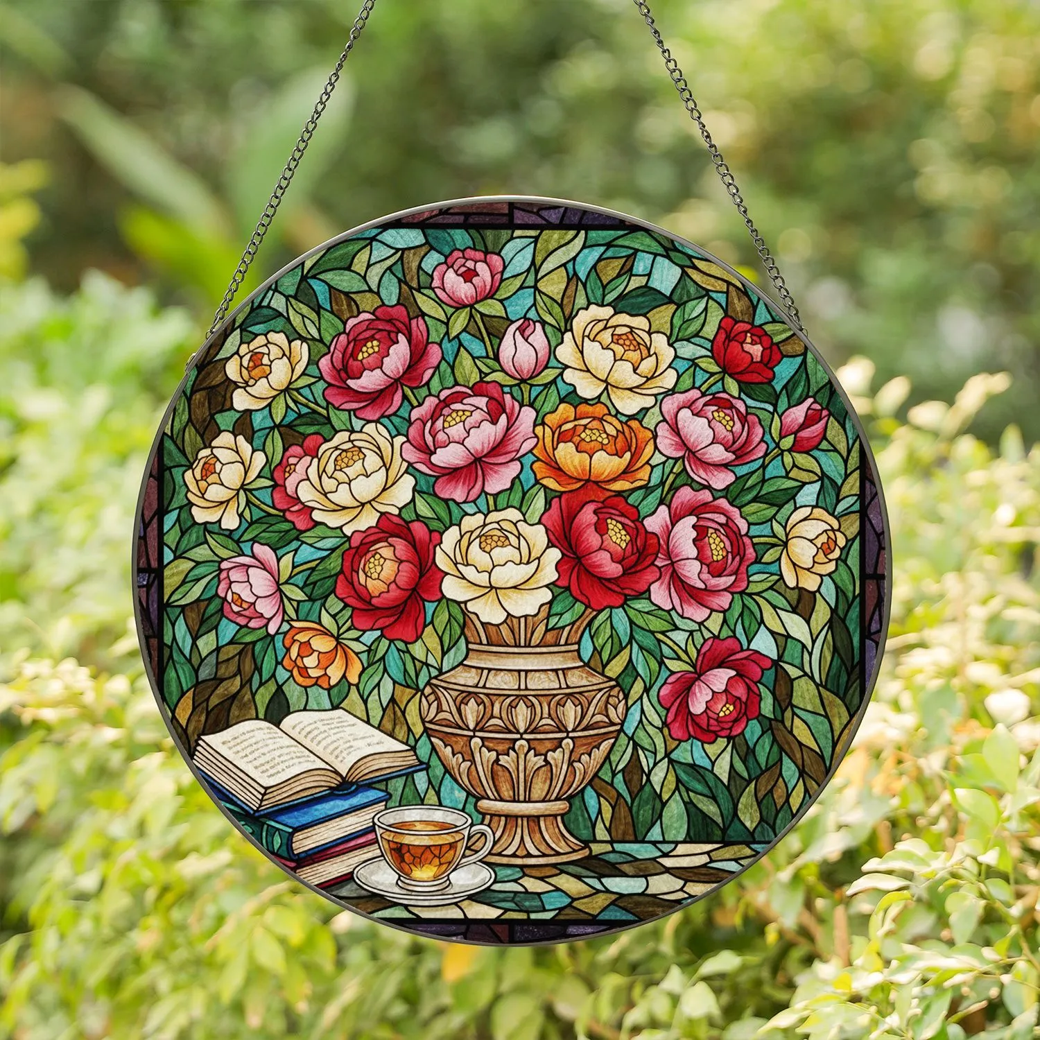 Bountiful Peony Rose Vase Book Teacup Tiffany Stained Glass Mosaic - Jewel Tone Blooms Stained Glass Suncatcher - 1