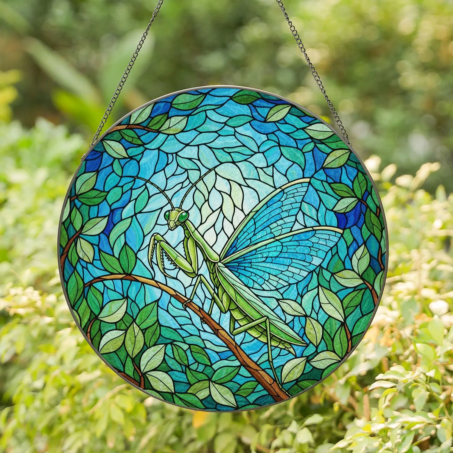 Green Praying Mantis Tiffany Glass Style Stained Art Forest Canopy Lush Foliage Stained Glass Suncatcher - 1