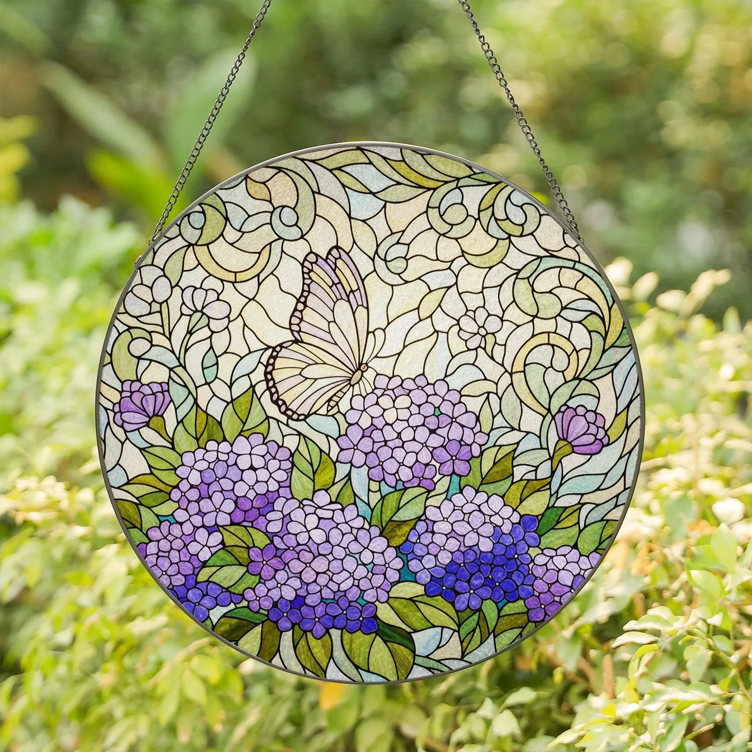Tiffany Glass Butterfly & Lilac Hydrangea Flowers - Translucent Botanical Mosaic Art Stained Glass Suncatcher - 1