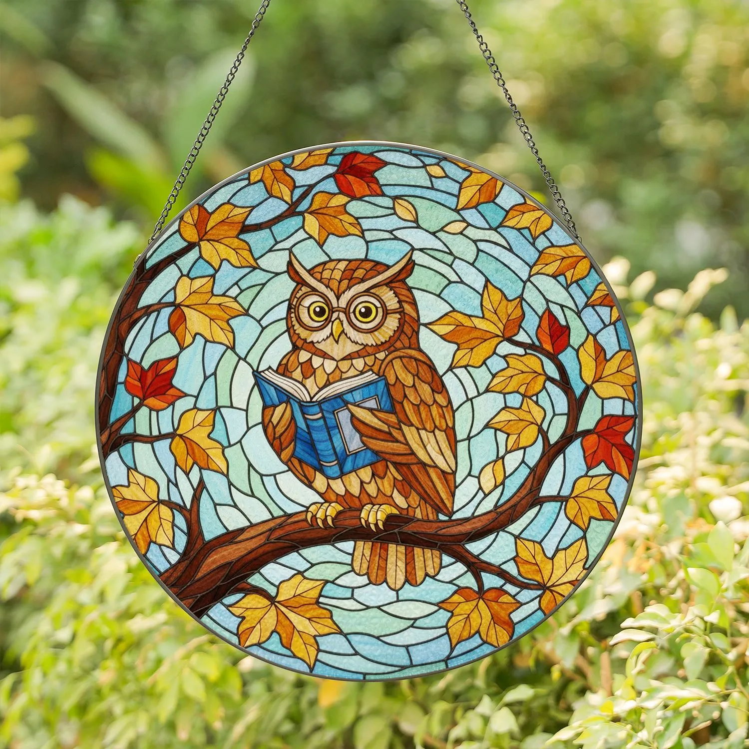 Wise Owl Reading Blue Book with Glasses - Tiffany Stained Glass Autumn Leaves Gift Stained Glass Suncatcher - 1