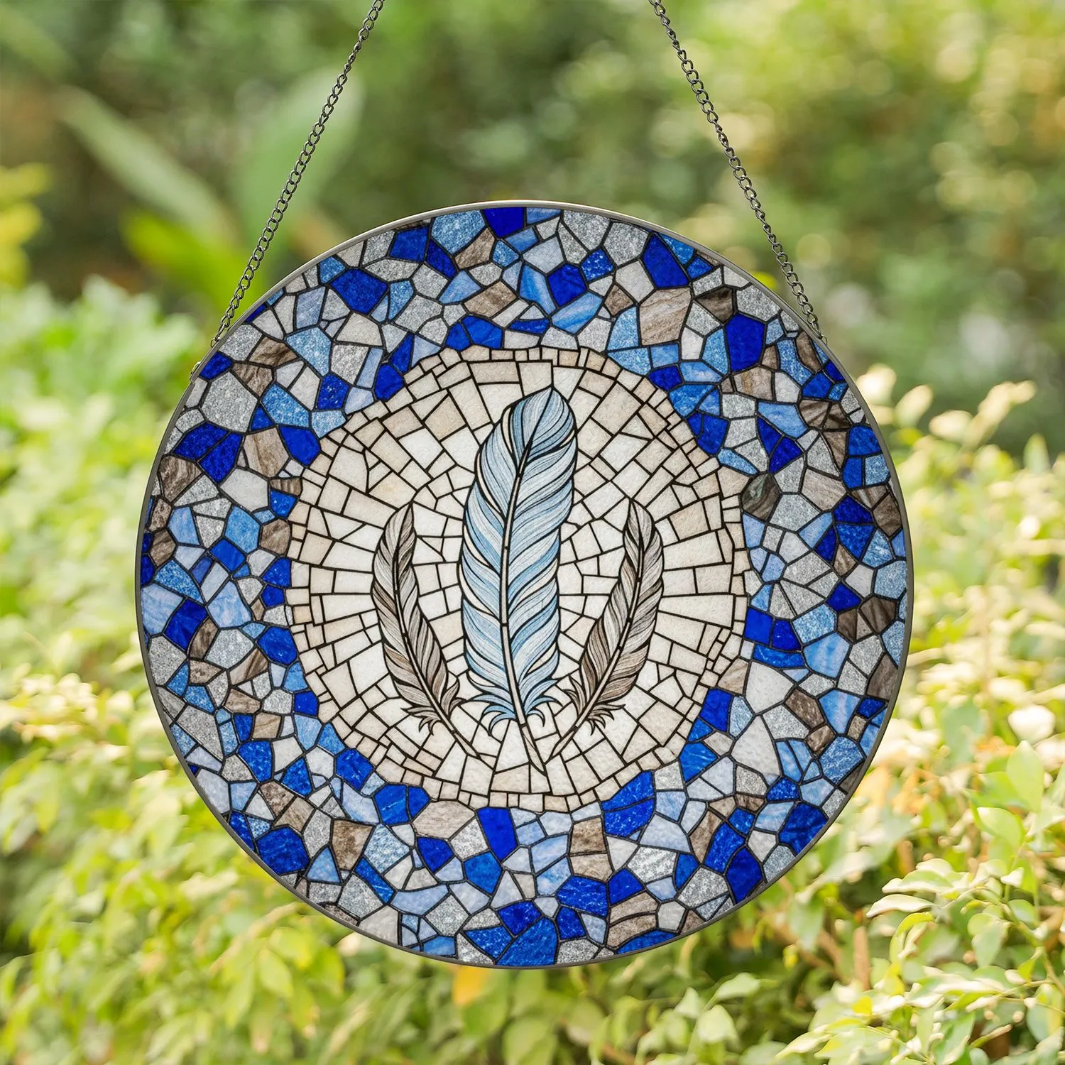 Three Feathers Tiffany Style Stained Glass Mosaic Art - Intricate Colorful Design Stained Glass Suncatcher - 1