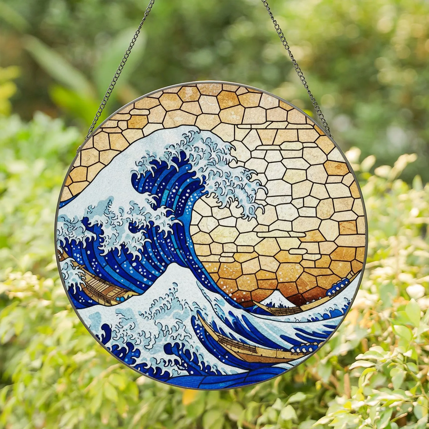 Hokusai Great Wave Mount Fuji Japanese Fishing Boats Sunrise Tiffany Art Decor Stained Glass Suncatcher - 1