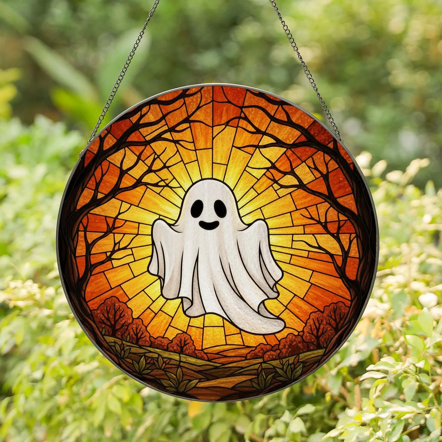 Stained Glass Ghost Autumn Sunset Gnarled Branches Tiffany Art Fall Halloween Decor Stained Glass Suncatcher - 1