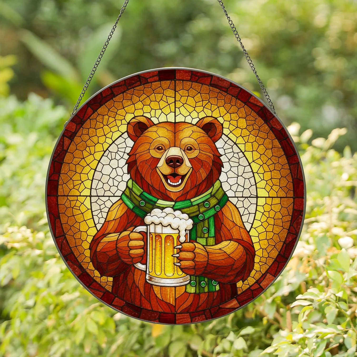 Intricate Brown Bear Smiling Beer Mug Tiffany Glass Mosaic Art Glowing Jewel Tones Stained Glass Suncatcher - 1