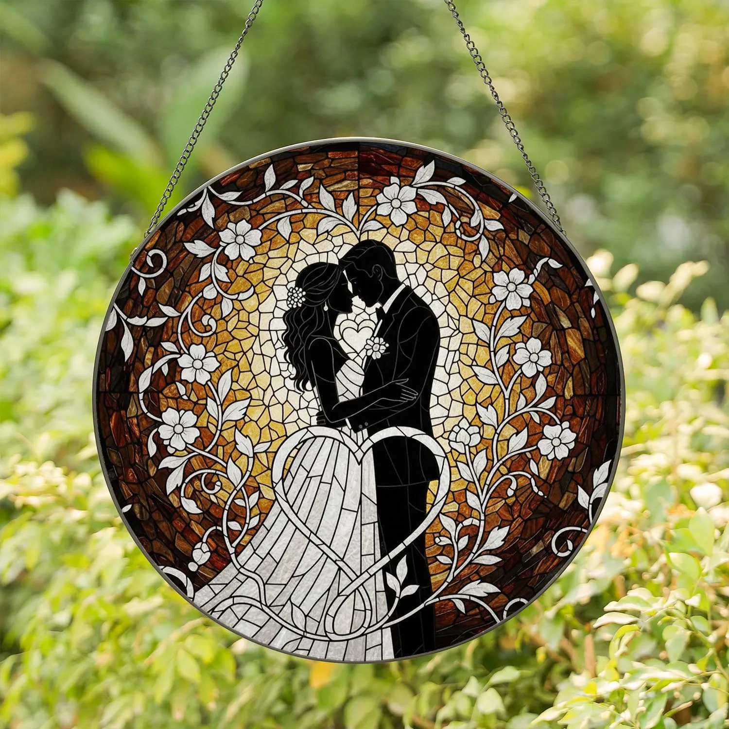 Bride Groom Embrace Stained Glass Art Tiffany Style - Wedding Anniversary Gift for Couples Stained Glass Suncatcher - 1