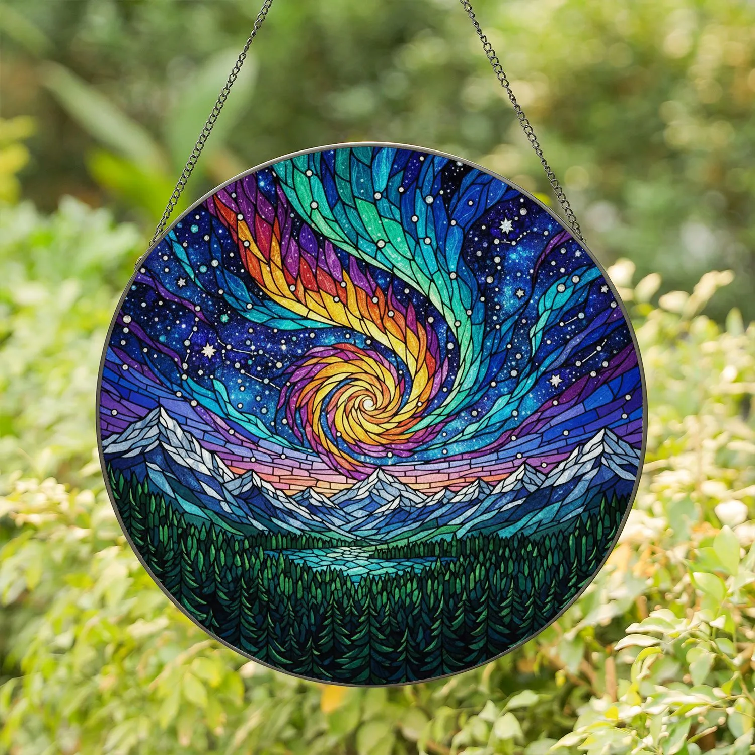 Tiffany Stained Glass Aurora Borealis Mountain Forest Cosmic Vortex Celestial Stained Glass Suncatcher - 1
