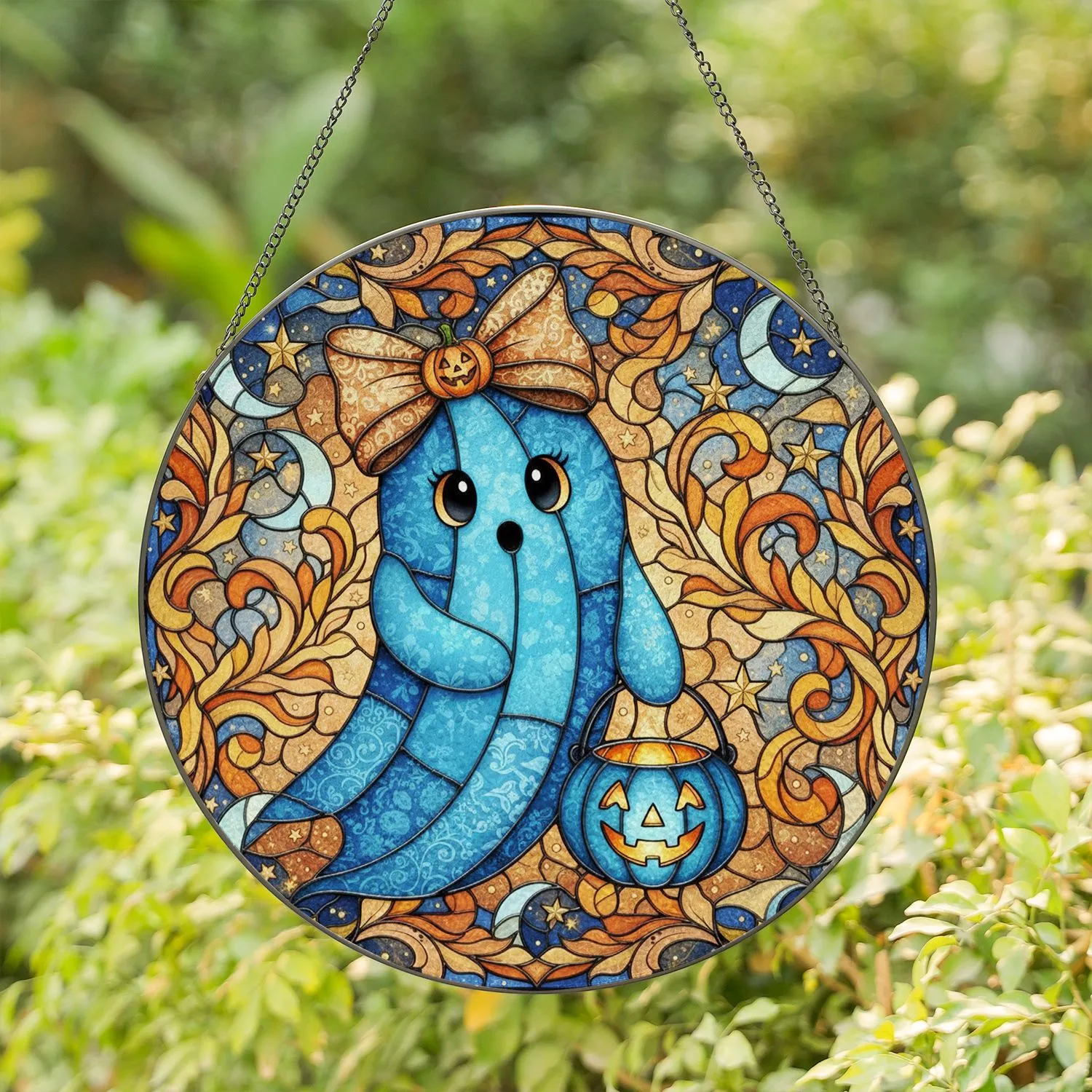 Blue Patchwork Ghost Floral Bow Pumpkin Trick-or-Treat Autumn Celestial Halloween Stained Glass Suncatcher - 1