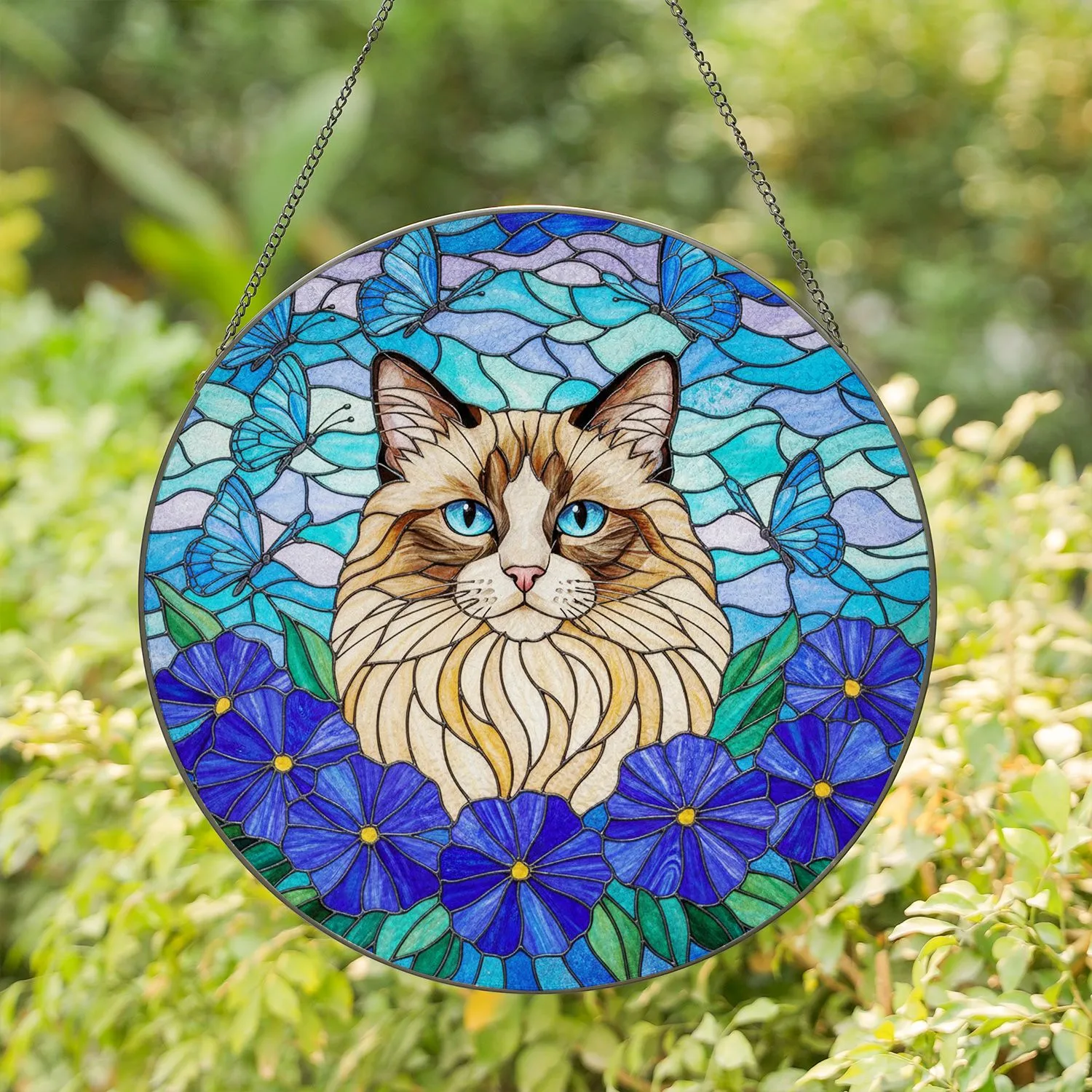 Fluffy Ragdoll Cat Tiffany Stained Glass - Blue Butterflies & Purple Flowers Gift Stained Glass Suncatcher - 1