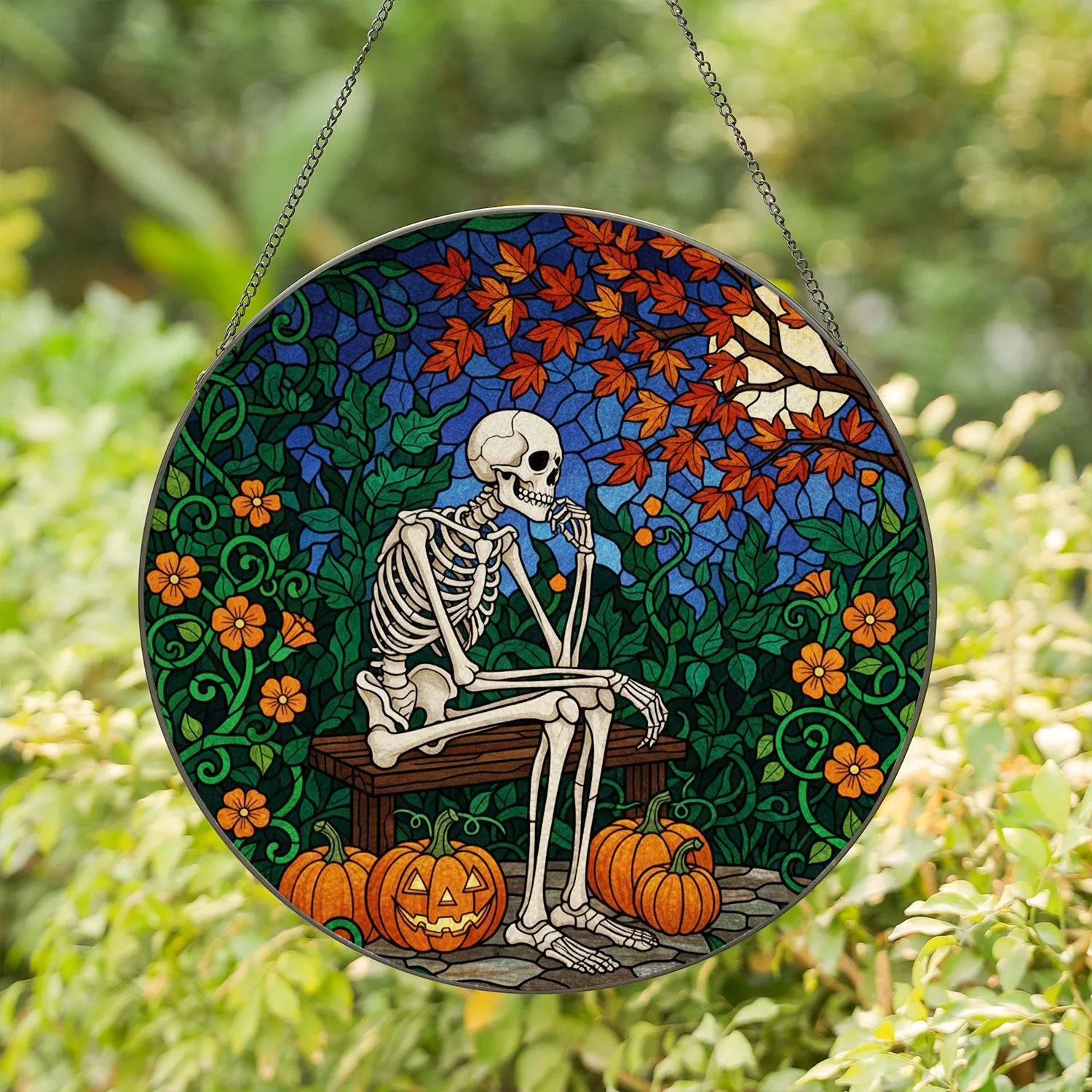 Skeletal Figure Pumpkin Jack-O-Lantern Autumn Vines Stained Glass Halloween Decor Stained Glass Suncatcher - 1