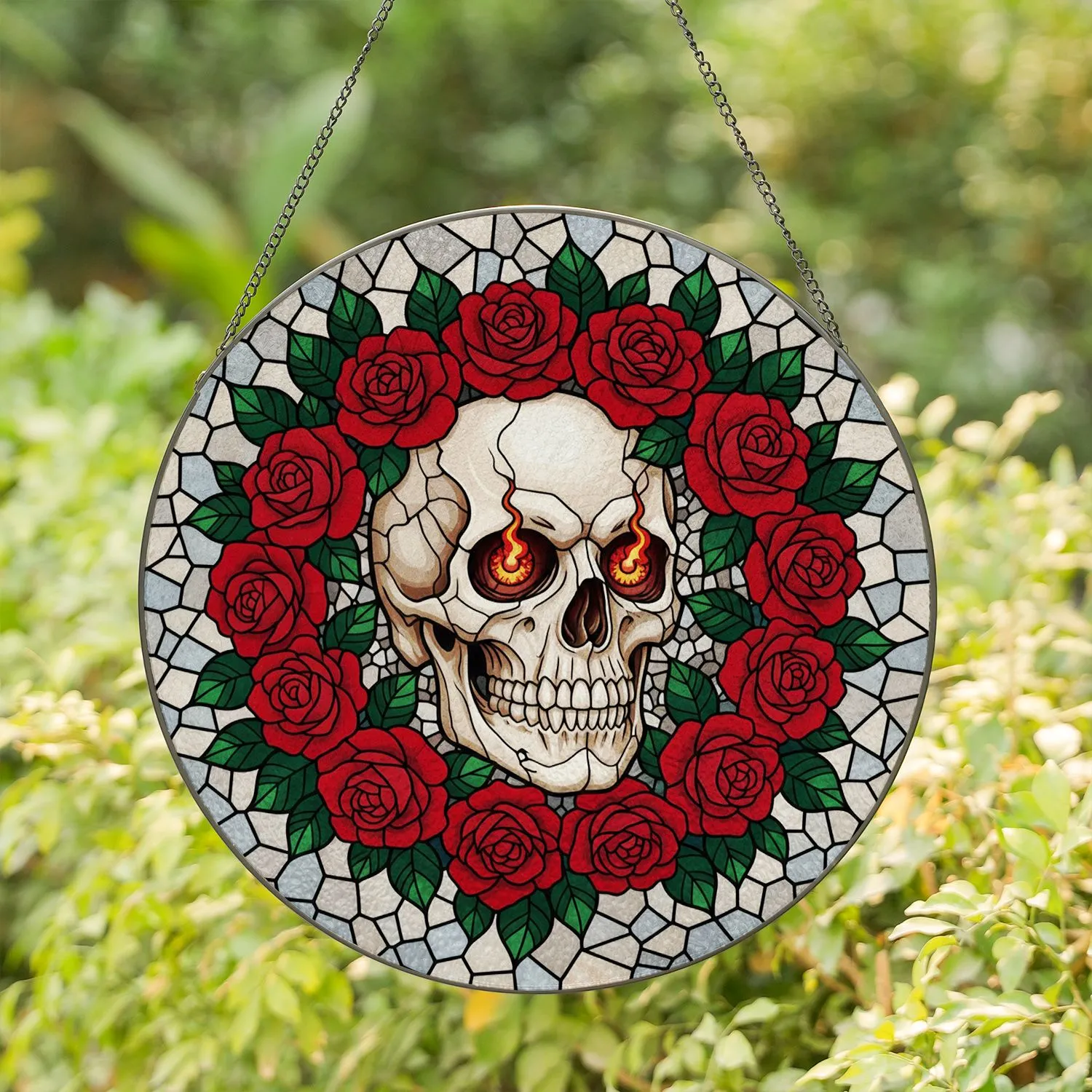 Cracked Human Skull with Fiery Eyes & Red Roses, Tiffany Style Fractured Glass Mosaic Stained Glass Suncatcher - 1
