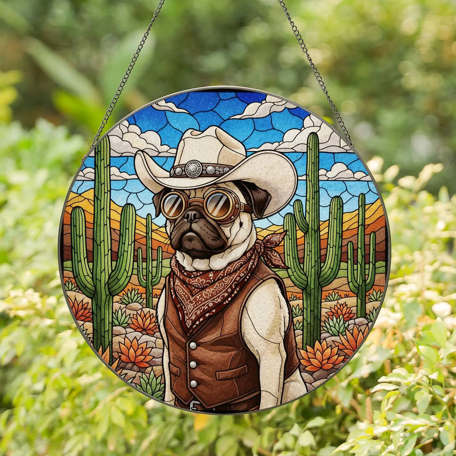 Pug Cowboy Tiffany Style Stained Glass Desert Saguaro Cactus Dog Lover Gift Stained Glass Suncatcher - 1