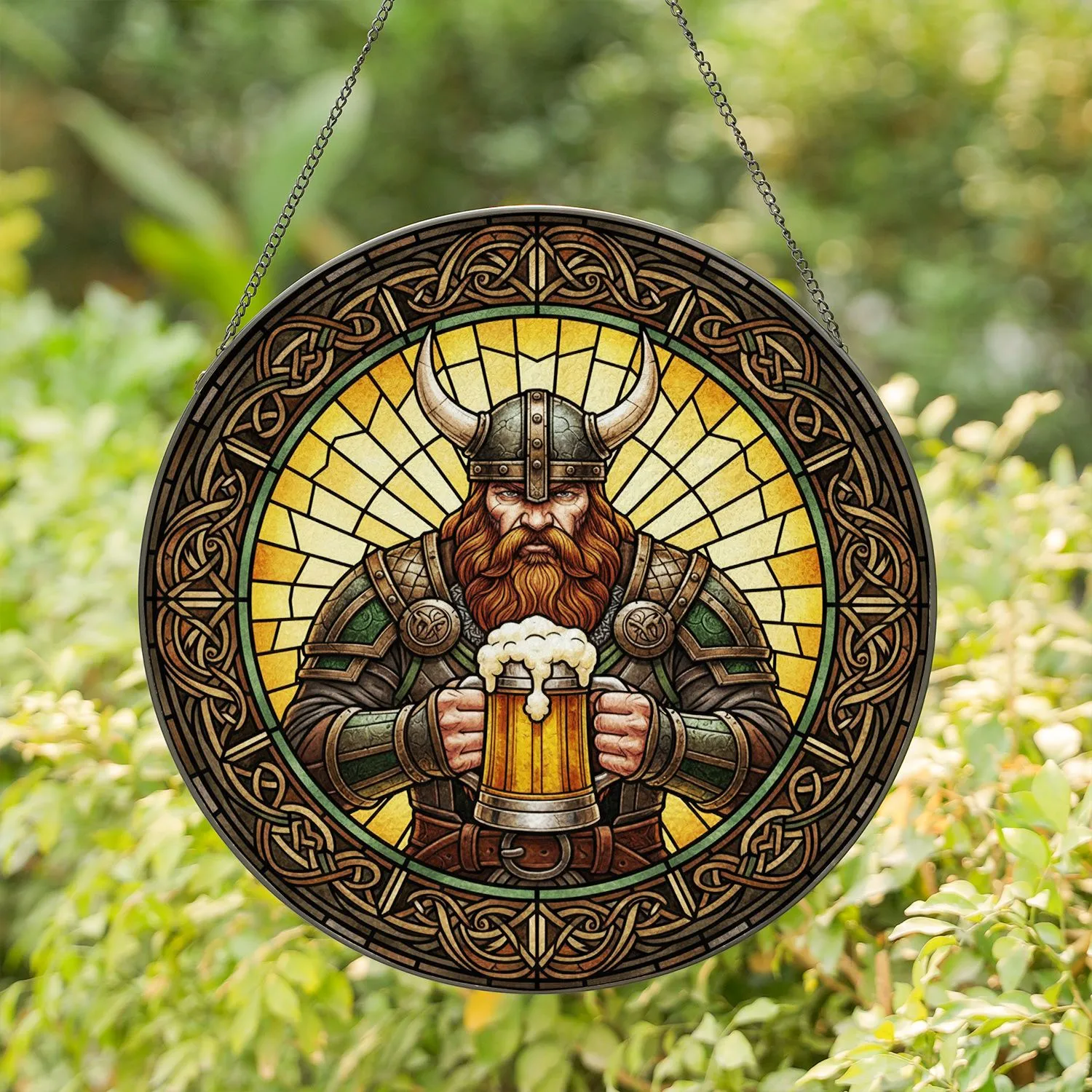 Viking Warrior Beer Stein Horned Helmet Stained Glass Celtic Viking Knot Art for Men Stained Glass Suncatcher - 1