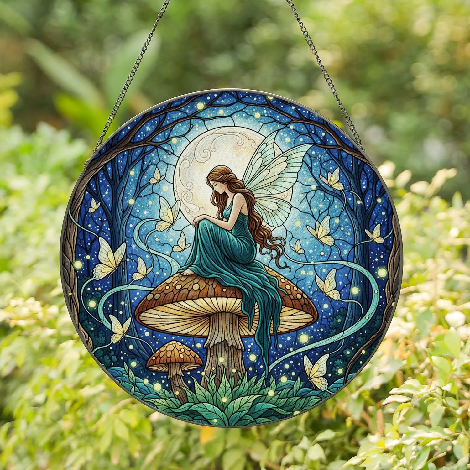Fairy Mushroom Moonlit Forest Tiffany Glass Art - Teal Gown Mint Wings Fireflies Decor Stained Glass Suncatcher - 1
