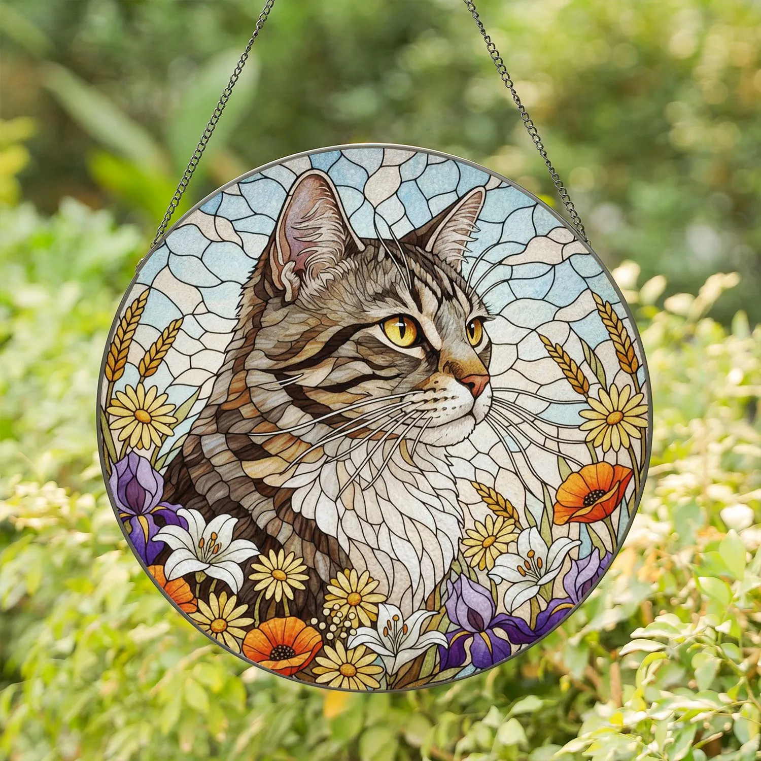 Tabby Cat Wildflower Wheat Tiffany Style Stained Glass Window Art Home Decor Gift Stained Glass Suncatcher - 1