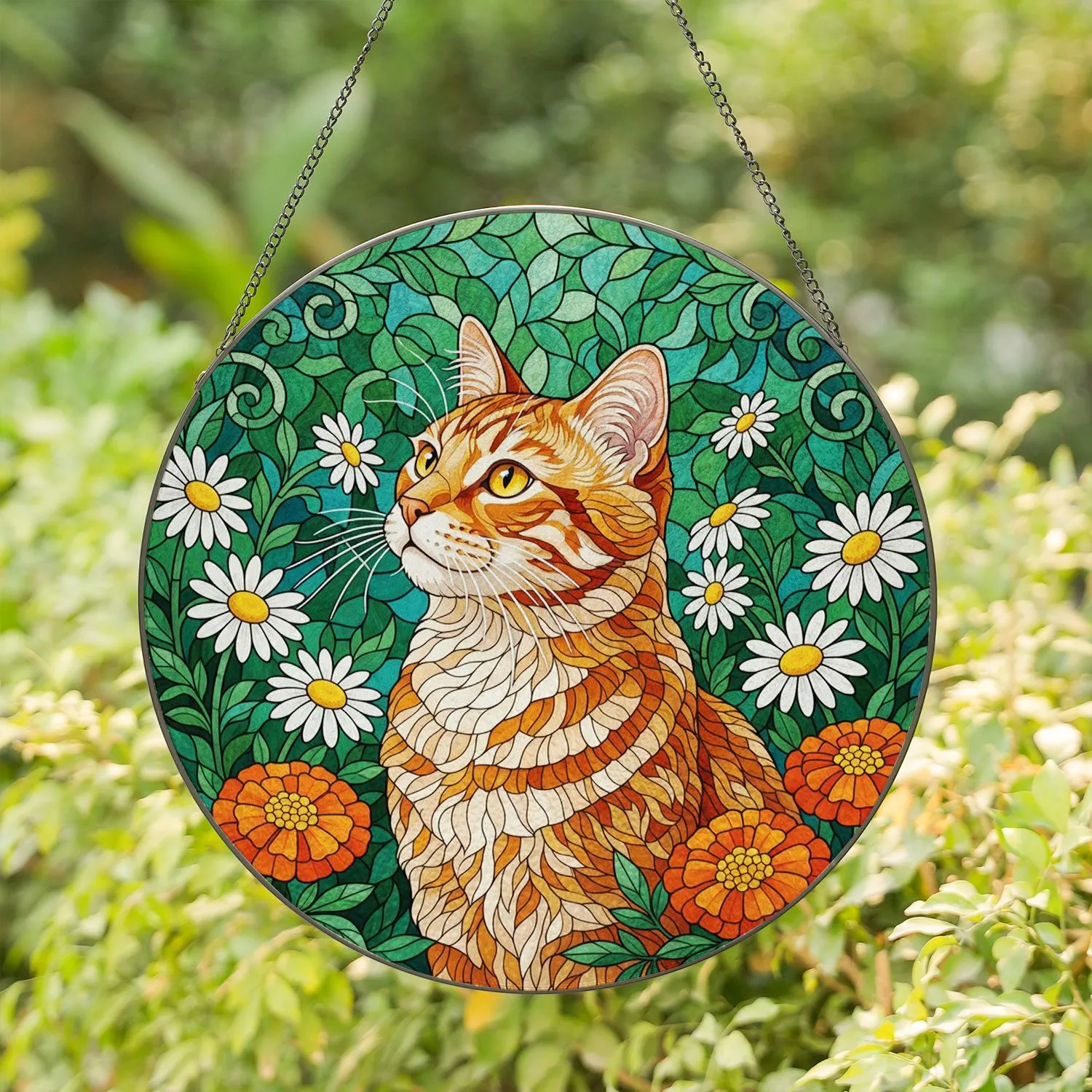 Orange White Tabby Cat Stained Glass - Daisy Marigold Jewel Tone Garden Gift for Cat Lover Stained Glass Suncatcher - 1