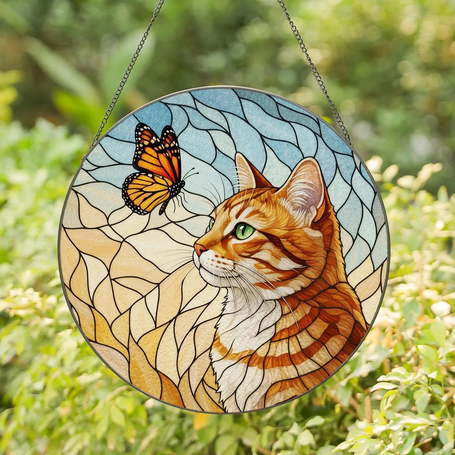 Densely Detailed Orange White Tabby Cat & Monarch Butterfly Stained Glass Mosaic Stained Glass Suncatcher - 1