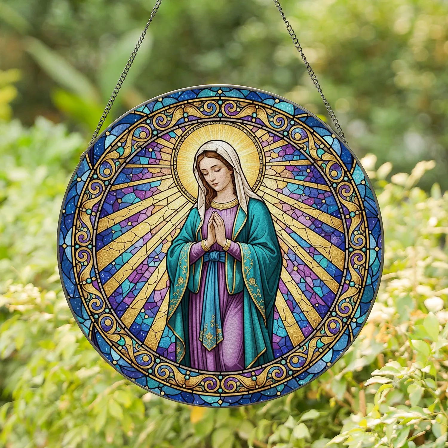Virgin Mary Prayer Stained Glass with Halo - Celestial Mosaic Jewel Tone Religious Decor Stained Glass Suncatcher - 1