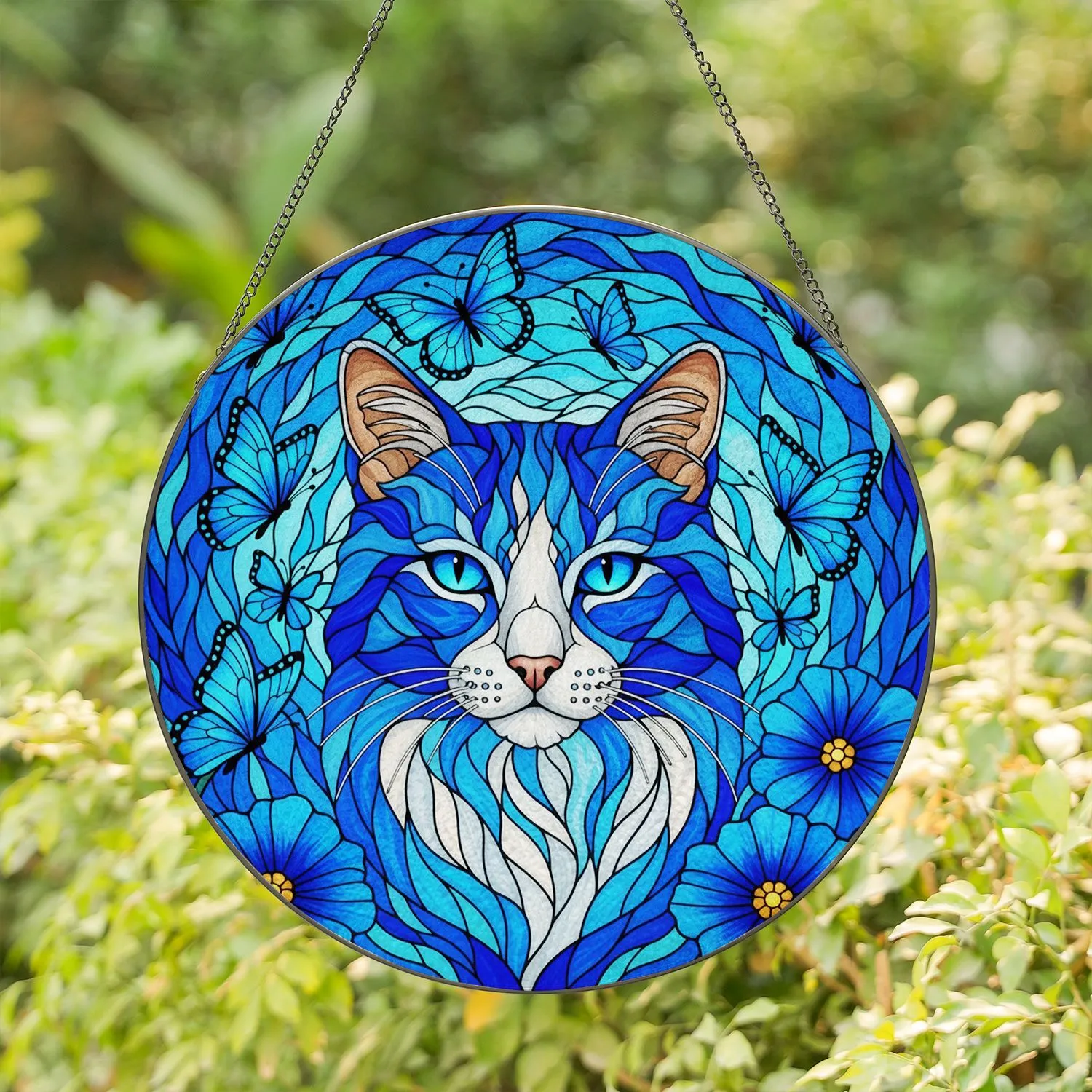 Blue White Cat Head Tiffany Glass Suncatcher, Blue Butterflies & Flowers Mosaic Home Decor Stained Glass Suncatcher - 1