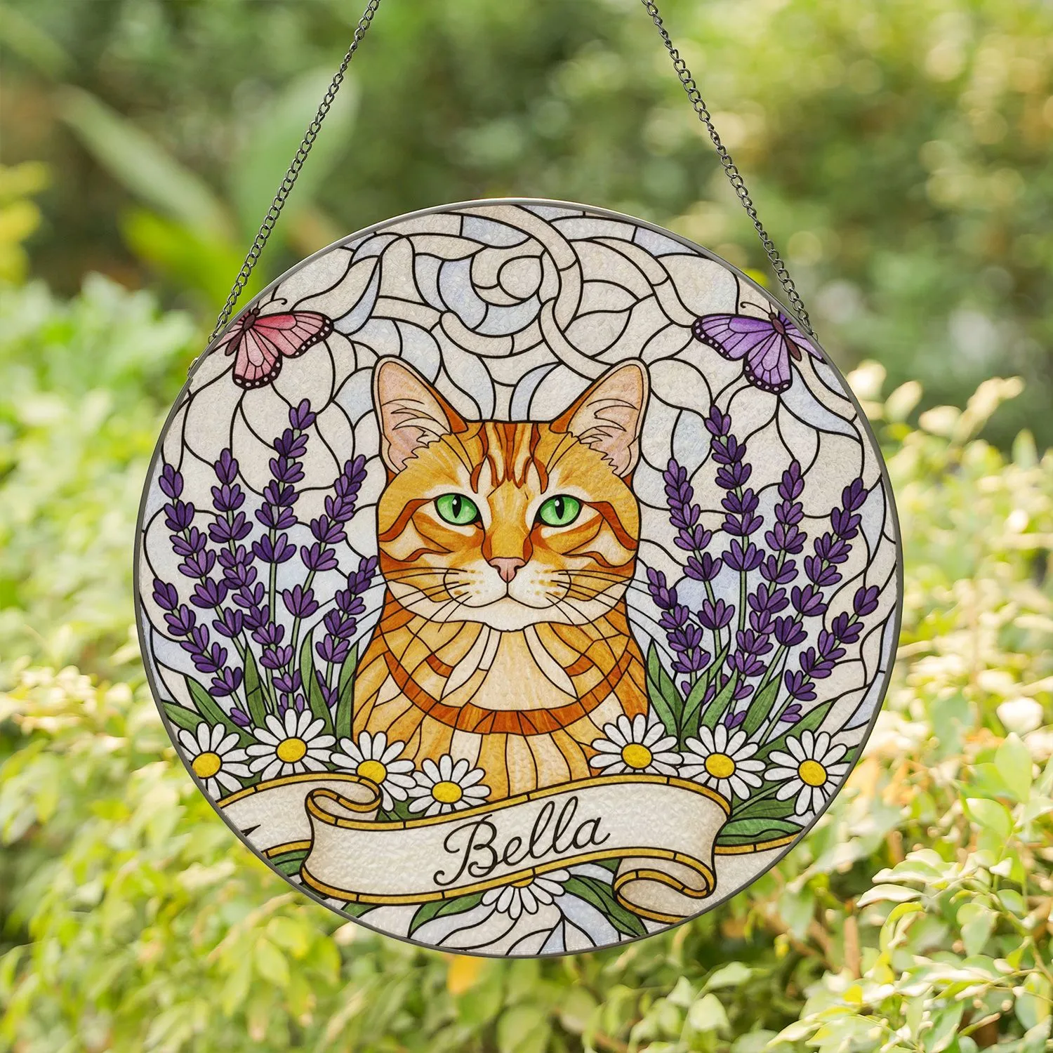 Orange Tabby Cat Bella Banner Lavender Daisy Butterfly Tiffany Glass Style Stained Glass Suncatcher - 1