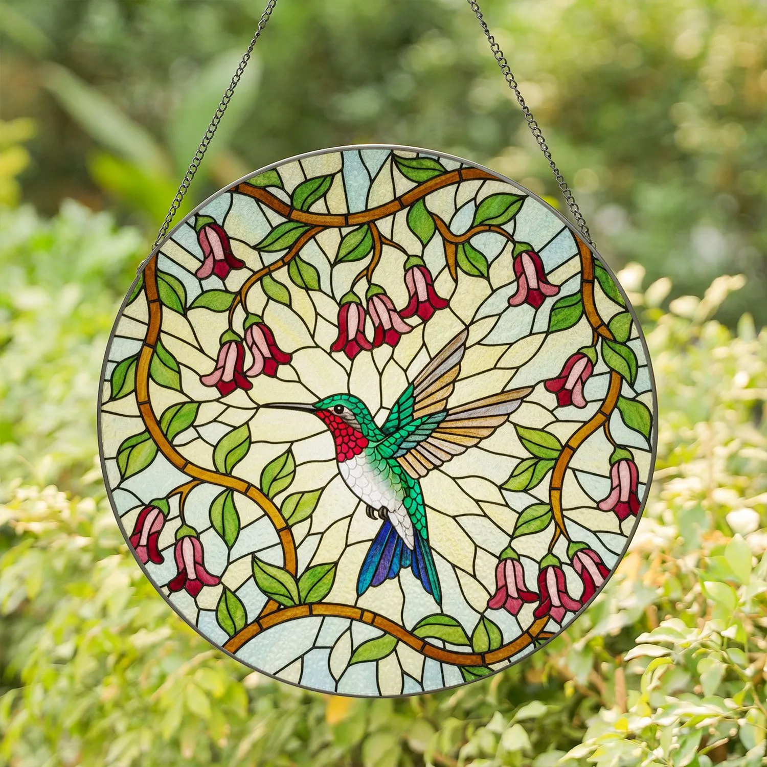 Ruby-throated Hummingbird Tiffany Stained Glass Jewel Tone Bell Flowers Mosaic Stained Glass Suncatcher - 1