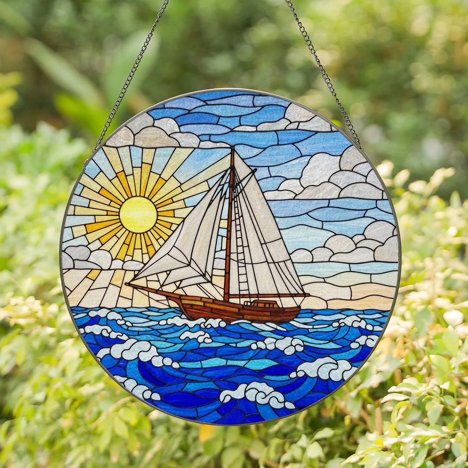 Brown Hull Sailboat White Sails Ocean Waves Sun Tiffany Style Stained Glass Artwork Stained Glass Suncatcher - 1