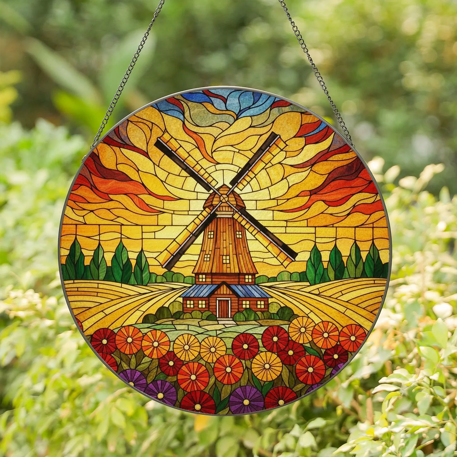 Dutch Windmill Stained Glass Sunset - Tiffany Style Landscape Flower Field Window Art Stained Glass Suncatcher - 1
