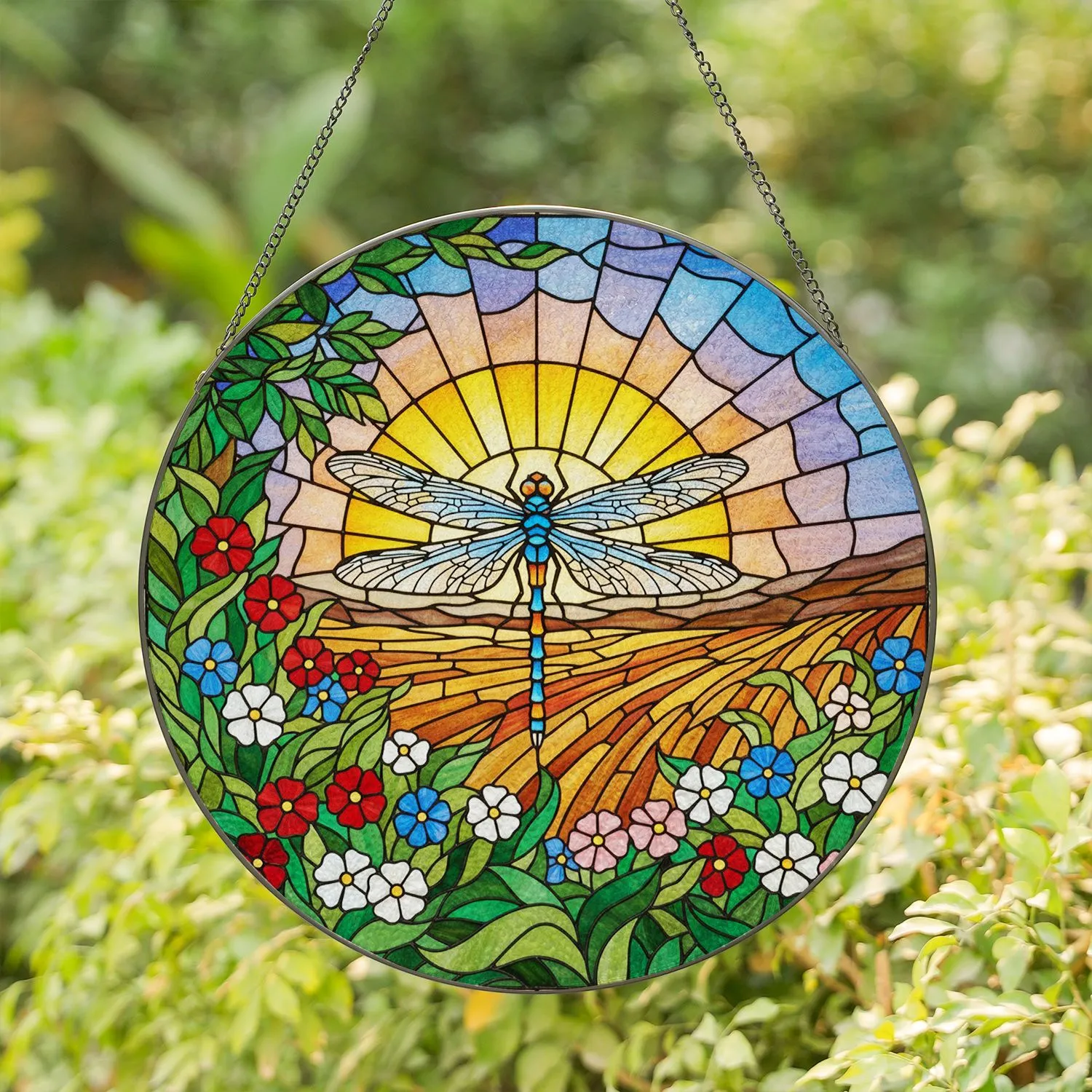 Dragonfly Stained Glass Wildflower Sunburst Mosaic Tiffany Style Jewel Tones Window Art Stained Glass Suncatcher - 1