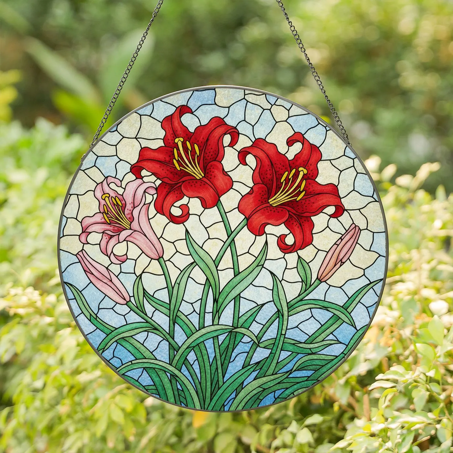 Blooming Red Lilies Pink Lily Stained Glass Tiffany Style Floral Mosaic Green Leaves Stained Glass Suncatcher - 1